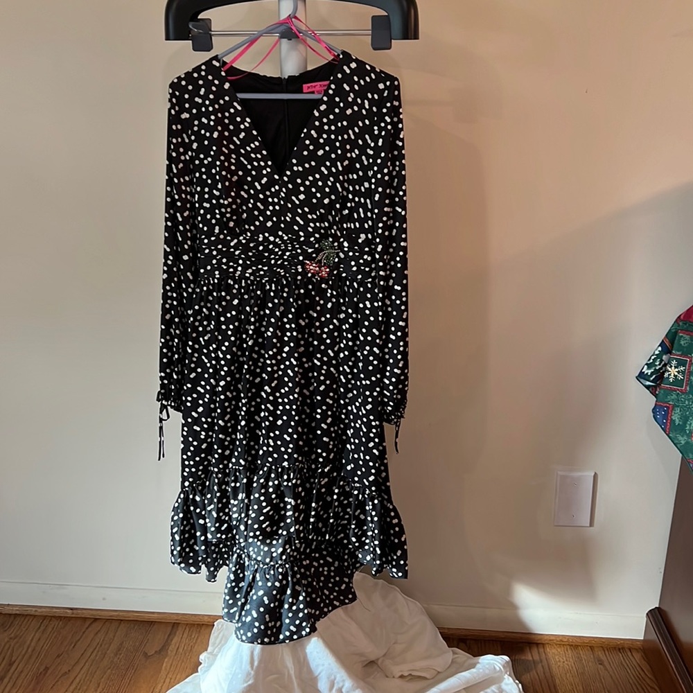 Frilly dress with ruched waistband and Cherry embellishment.